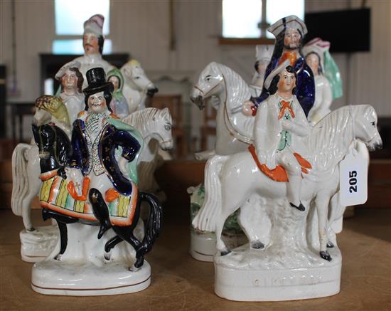 Pair Staffordshire figures, Louis Napoleon & Empress of France and 6 other Staff equestrian figures (a.f)